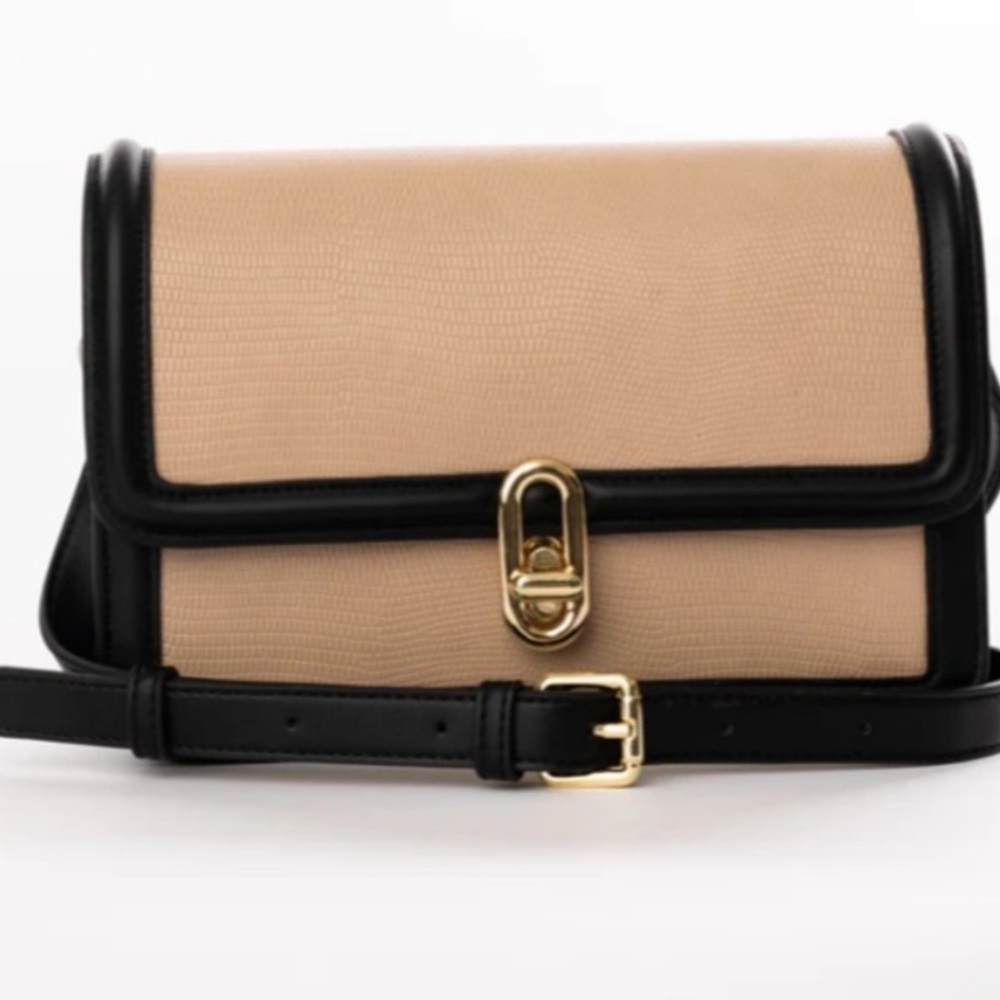 Jules Kae Mia vegan leather crossbody, blush lizard-embossed finish w/black trim
